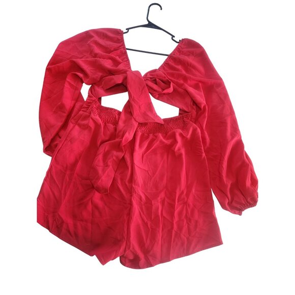 Red Off Shoulder Bow Tie Back Long Sleeve Romper Women's Size XL - Picture 4 of 8